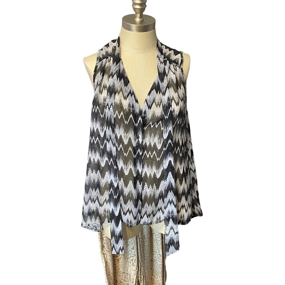 Sunny Leigh Sleeveless Black & White Chiffon Sheer Blouse Women’s Size Small